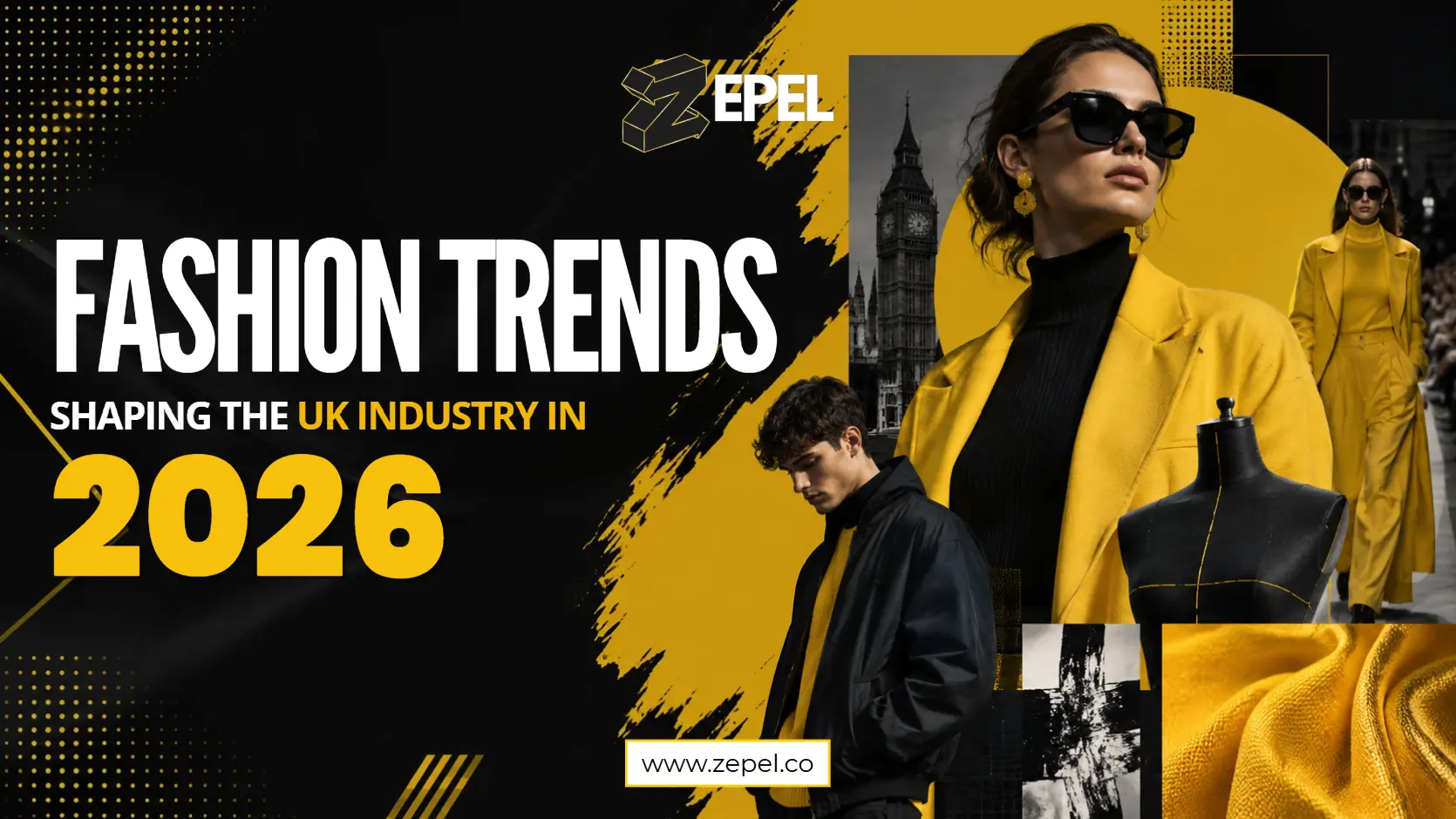 A curated flatlay of 2026 UK fashion trends including raw denim, tailored blazers and bold colour pieces