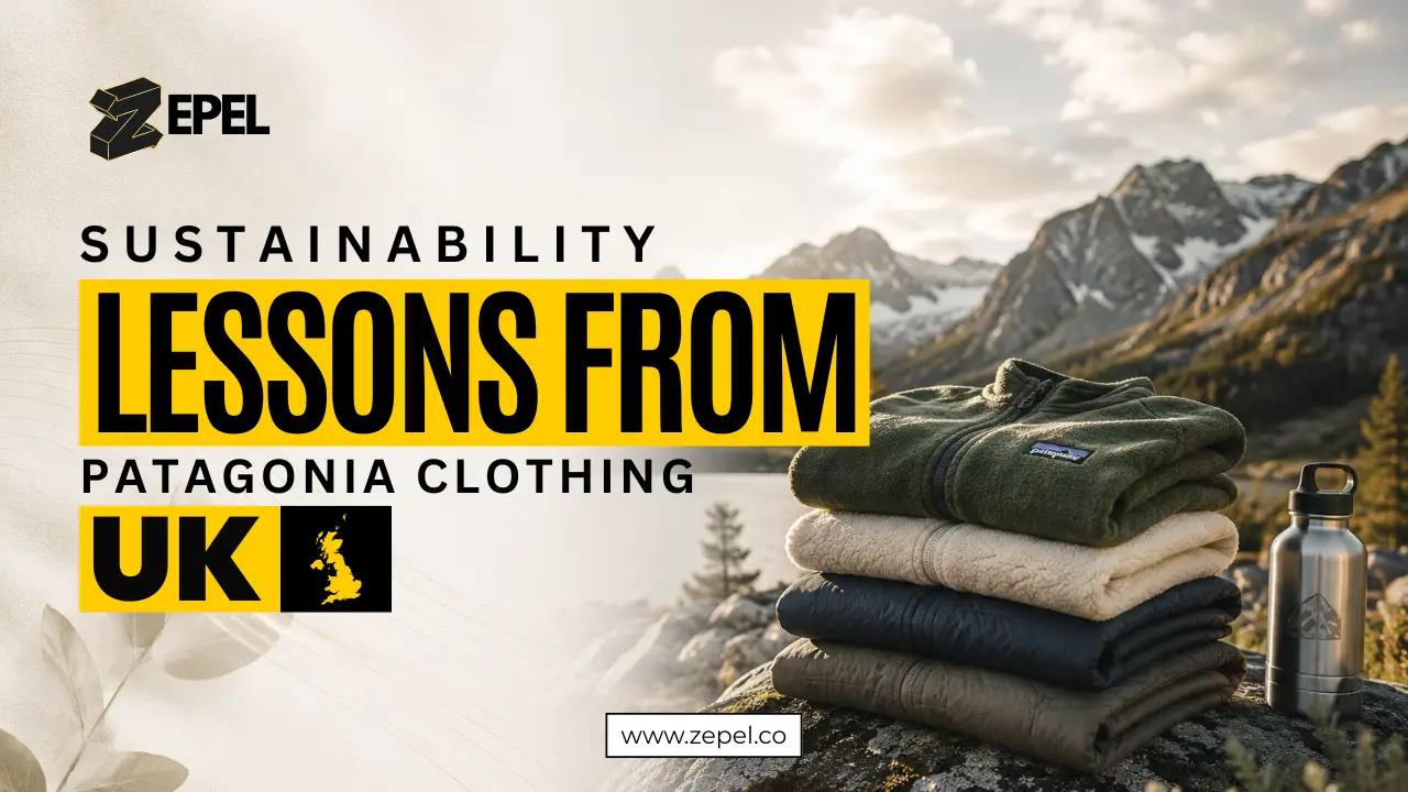 Patagonia clothing UK outdoor jacket displayed against a sustainable green background