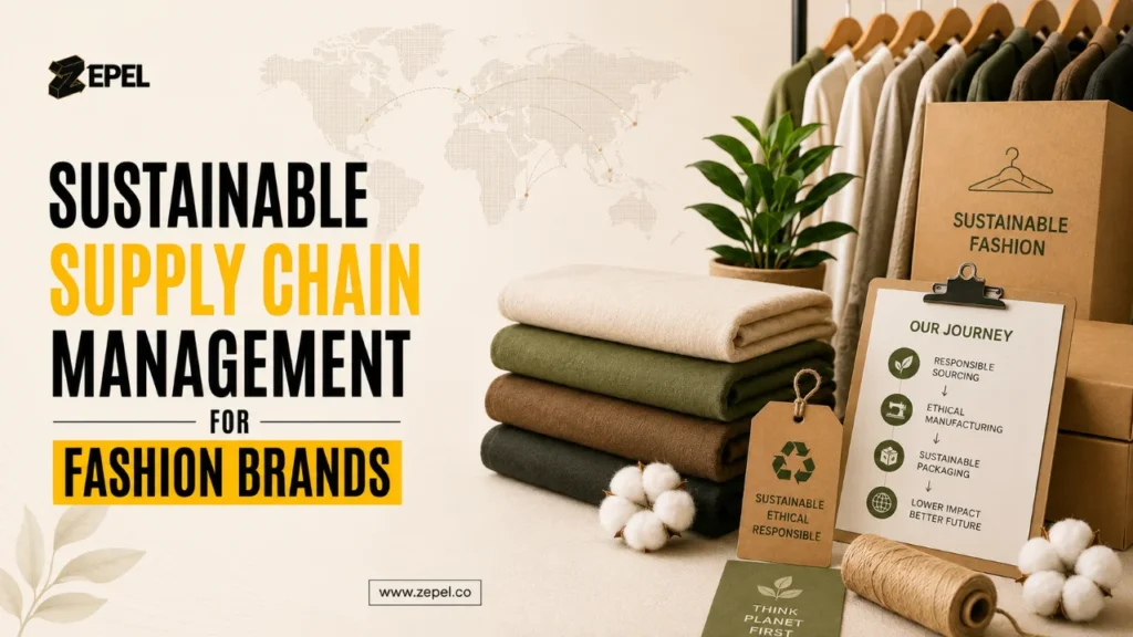 Fashion brand supply chain map showing sustainable raw materials, ethical manufacturers, and green logistics.