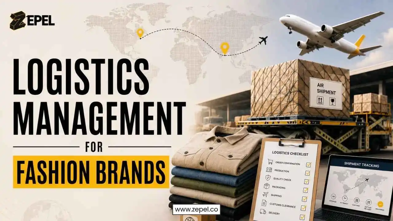 Fashion brand supply chain logistics showing shipping containers, fabric rolls and warehouse management for apparel brands