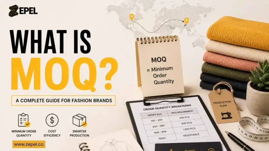 Fashion brand founder reviewing fabric samples and minimum order quantities with a clothing manufacturer in Pakistan.